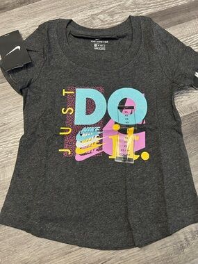 Nike Charcoal Tee with Teal, Pink & Yellow 'Just Do It' Graphic